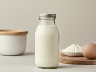 A glass bottle of milk stands next to a bowl, flour, and an egg, creating a minimalist kitchen scene.