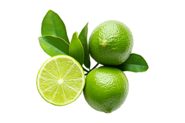 Whole and halved green limes with fresh leaves, presented on white transparent background, highlighting freshness and citrus concept.