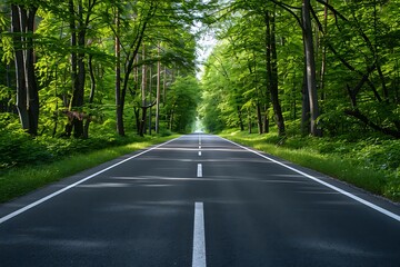 Obraz premium Serene Empty Road Surrounded by Lush Green Forests in Summer
