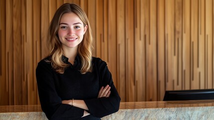Happy, smiling young female receptionist standing at a hotel front desk, with copy space for text in the wooden wall background.