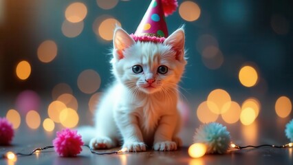 A charming kitten, adorned with a festive party hat, sits serenely amidst a magical bokeh of warm lights and fluffy decorations, creating a heartwarming scene of celebration.