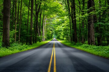 Serene Tree-Lined Pathway Through Vibrant Green Forest Landscape