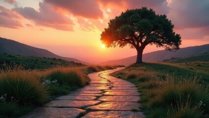 Serene Sunset Landscape Featuring a Stone Path Winding Towards a Solitary Tree on a Hilltop