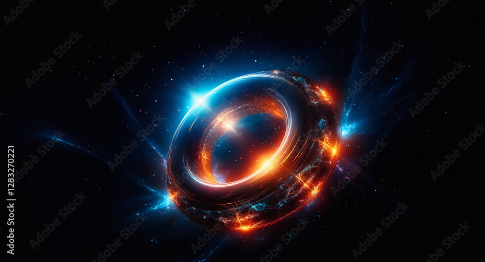 Poster abstract cosmic ring glowing with blue and orange light in dark space. luminous energy streaks emana