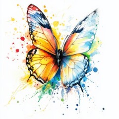 Rainbow Butterfly: A vibrant watercolor painting of a butterfly with wings displaying a spectrum of rainbow colors, set against a backdrop of colorful watercolor splatters.