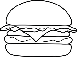 Minimalistic black-and-white illustration featuring a cheeseburger with classic toppings like lettuce and cheese presented in a clean outline style.