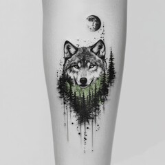 Enigmatic Wolf Tattoo: A striking tattoo artwork of a wolf's head emerges from a mysterious forest, beneath a watchful moon. Evoking a sense of untamed wilderness, spiritual depth. 
