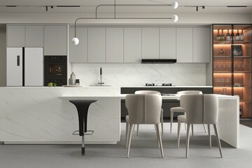 A kitchen detail with white cabinets, modern light fixtures hanging over a white center island, and a marble countertop and full height backsplash, dining area connected with island. 3D Rendering
