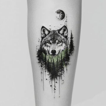 Enigmatic Wolf Tattoo: A striking tattoo artwork of a wolf's head emerges from a mysterious forest, beneath a watchful moon. Evoking a sense of untamed wilderness, spiritual depth. 