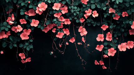 Night forest liana vines isolated on black background. Vector cartoon illustration of exotic tropical tree branches, dark leaves, neon pink flowers glowing on curvy stems, magic wood design elements