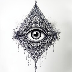 Obraz premium Mystical Eye of Perception: Intricate, detailed illustration of an all-seeing eye within a floral and geometric design, evoking a sense of ancient wisdom and mystical allure.