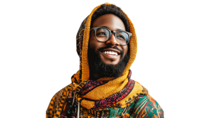 Man in colorful scarf smiles warmly for portrait