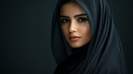 Naklejka premium With a serene expression, a beautiful middle-eastern woman adorned in a black hijab captivates with her elegance. The soft lighting highlights her gentle features, exuding grace and mystery