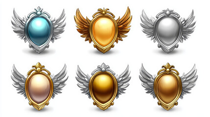 Heart gem rank medal game badge in gold, silver, bronze and platinum design with wings. Isolated achievement icon amulet or button asset set. Magic medieval jewelry trophy for user progress rating.