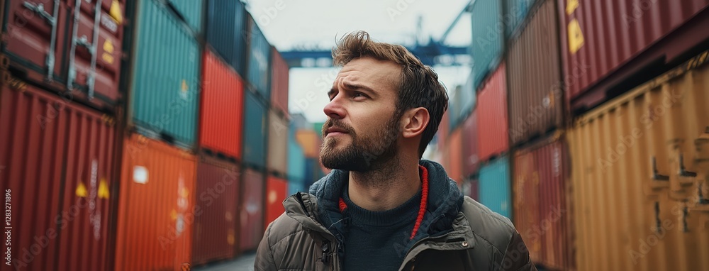 Poster man stands thoughtfully between rows of colorful shipping containers at busy port, reflecting on log