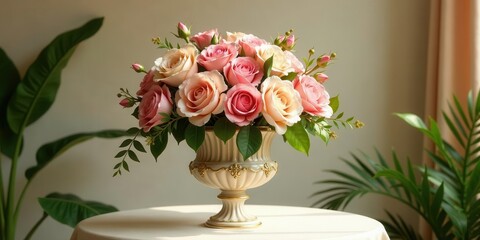 Obraz premium Elegant pink and cream roses in an ornate vase, a lovely floral arrangement on a table with lush green foliage in the background