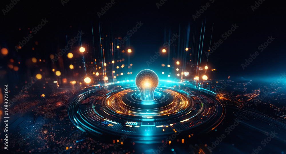 Poster Glowing lightbulb radiates energy, surrounded by digital circuits and glowing particles in a dark environment.  A concept of bright idea, innovation, and technology.