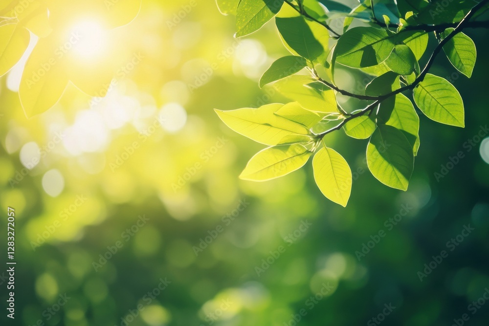 Aufkleber beautiful sunlight filtering through fresh green leaves in a serene natural environment. generative 