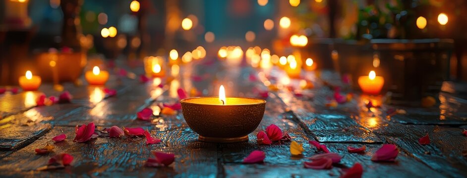 serene scene with glowing candles and scattered rose petals on wooden surface, creating peaceful ambiance. warm light reflects tranquility and introspection