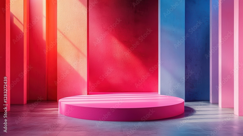 Poster sleek podium with vibrant advertising background featuring colorful walls and modern design. scene i