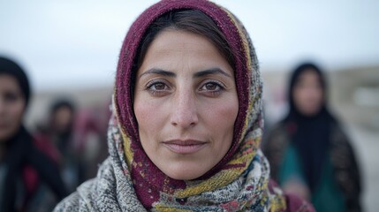 Woman in Hijab, Serious Gaze, Group in Background, Possible Documentary Use