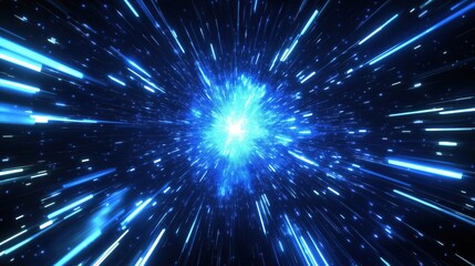 Fototapeta premium Vibrant blue cosmic explosion with light streaks in a dark space backdrop.