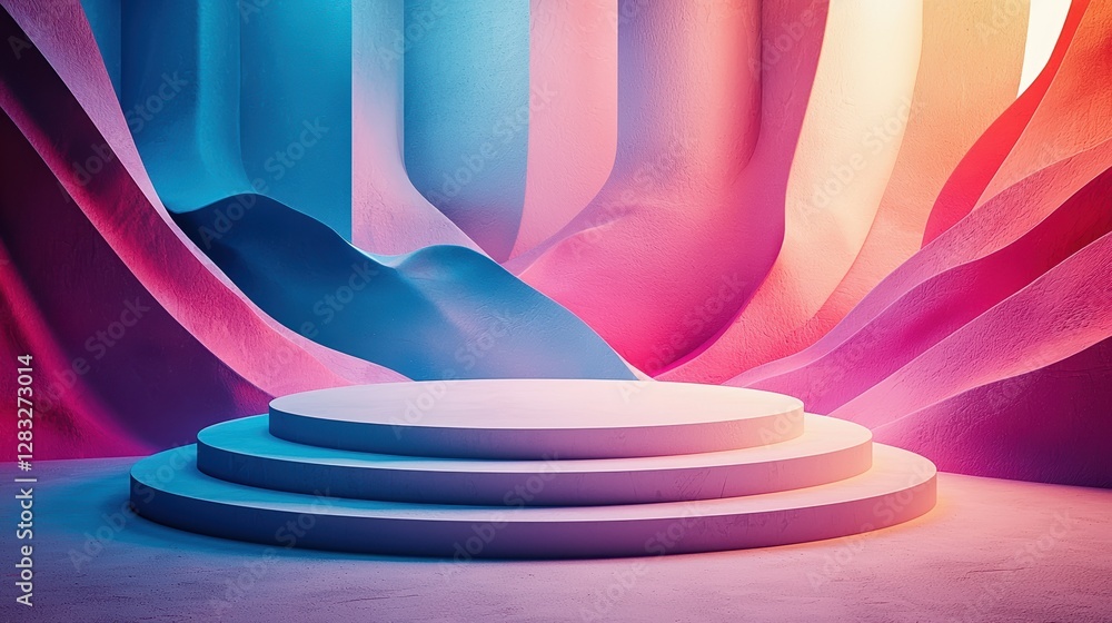 Poster sleek podium with vibrant advertising background featuring colorful abstract shapes and soft lightin
