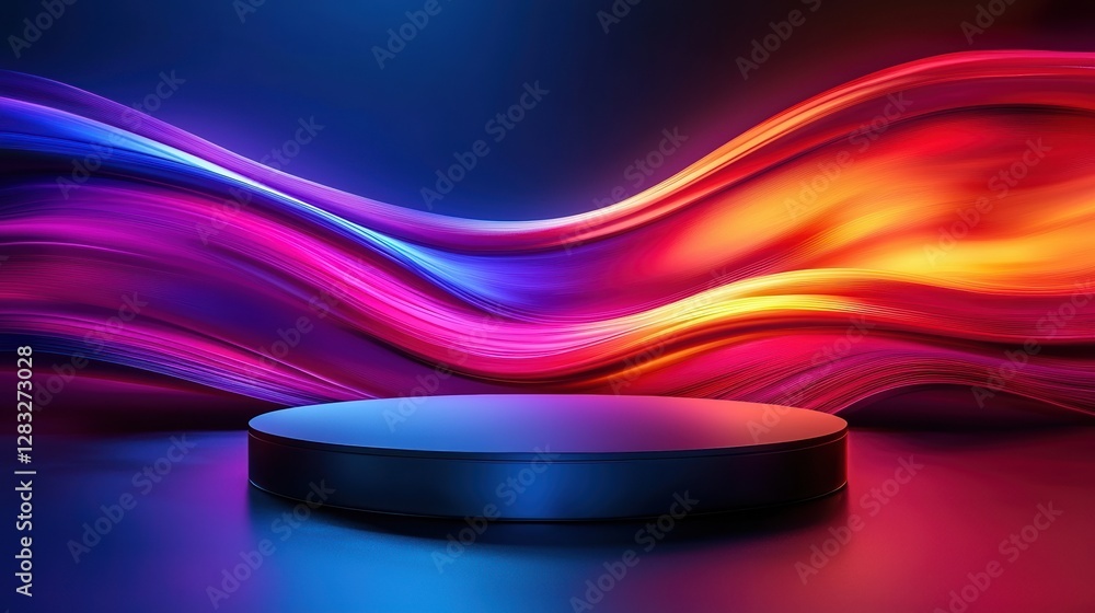 Poster sleek podium stands before vibrant, colorful background with flowing abstract waves, creating dynami