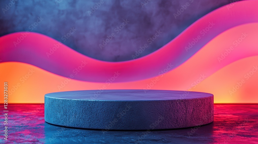 Poster sleek podium stands against vibrant, colorful background with wavy patterns, creating modern and dyn