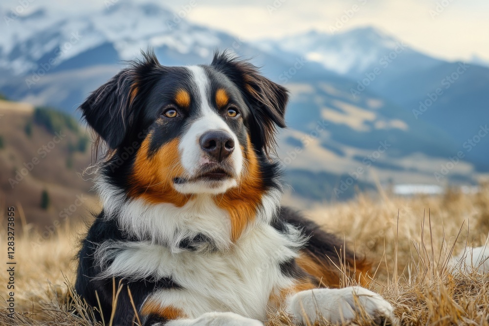 Poster majestic dog relaxing on a hillside with mountains in the background during a cloudy day. generative