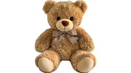 Soft teddy bear with brown fur and bow