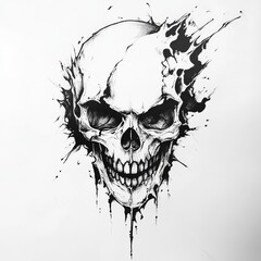 Spooky Skull with Intricate Ink Details: A striking skull illustration rendered in high-contrast black ink, showcasing a blend of sharp and fluid strokes, capturing the balance of a complex emotions.
