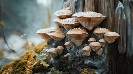 pieces of wood with mushrooms growing on them, 