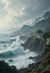 A Coastal Landscape Depicting Waves Crashing on Rocky Shores