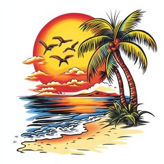 Tropical Sunset Paradise: A vibrant illustration captures the essence of a tropical paradise, showcasing a majestic palm tree silhouette against a fiery sunset. Seagulls soar above.