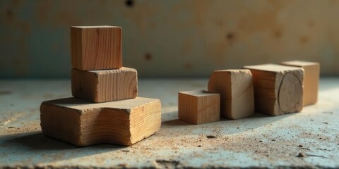 A collection of unfinished, light brown wooden blocks arranged in a staggered formation on a dusty surface, illuminated by natural light