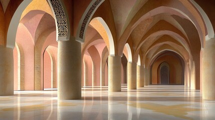Serene Architectural Hallway with Arched Columns and Reflective Floor