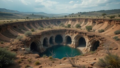 Fototapeta premium A scenic vista showcasing the arid landscape and a water filled pit