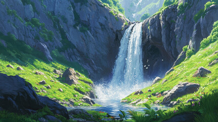 Cascade waterfall from mountain cartoon vector. Water fall stream from stone hill with splash landscape element. Coastal natural cliff with aqua torrent graphic fantasy environment game design