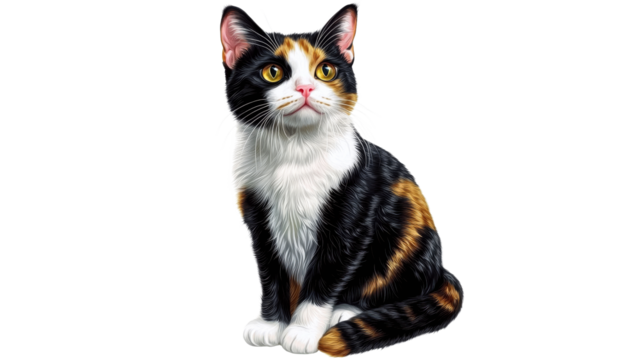 Calico cat with striking eyes sits gracefully