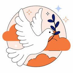 Elegant White Dove Peace Symbol:  Olive Branch, Sunset Clouds.