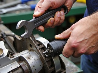 Fototapeta premium A mechanic disassembles a complex mechanical unit in a workshop. 