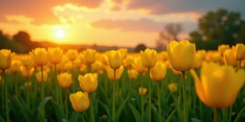 Obraz premium Golden Hour in a Field of Yellow Tulips, Bathed in the Warm Glow of the Setting Sun