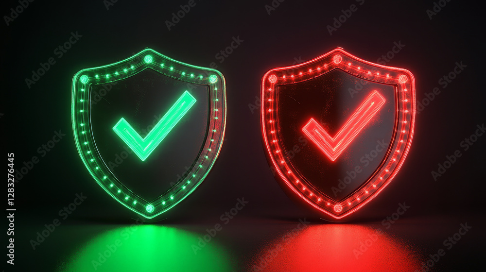 Poster 3d illustration set of green and red shield with check and cross marks isolated on white background.