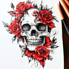 Skull and Red Rose: A detailed illustration of a human skull, intricately adorned with vibrant red roses and lush green leaves. A striking blend of life and mortality.