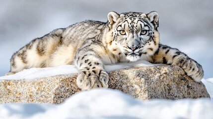 A rare snow leopard in its natural habitat, blending seamlessly into the icy terrain.