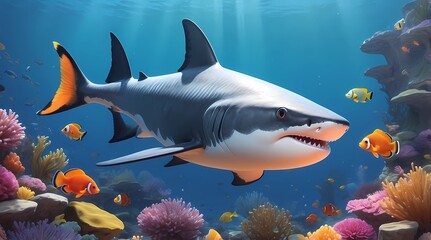 Fototapeta premium A shark is swimming in a coral reef with a variety of fish swimming around it