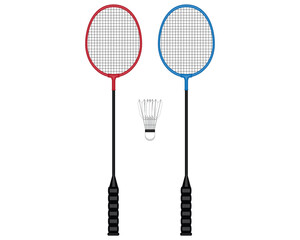 vector design of two badminton rackets in red and blue and there is also a badminton ball in the middle of the two rackets