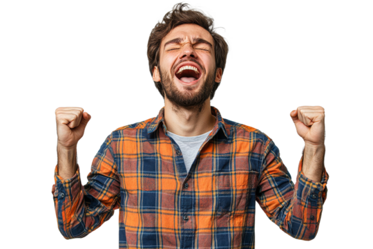 Joyful man with raised fists and smile