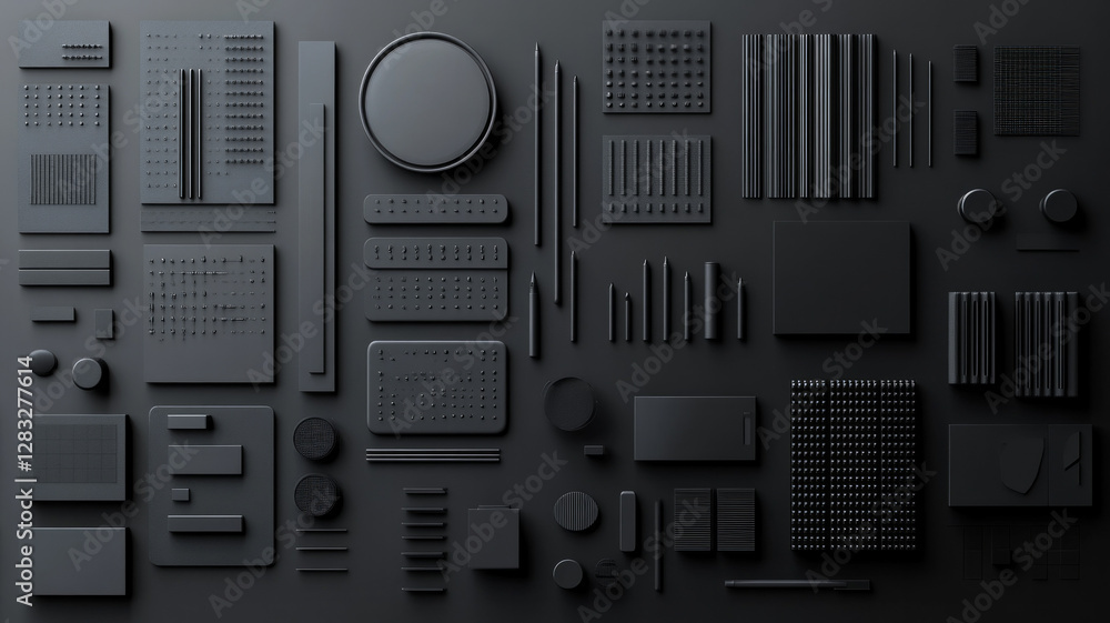 Poster a black and white image of many different shapes and sizes